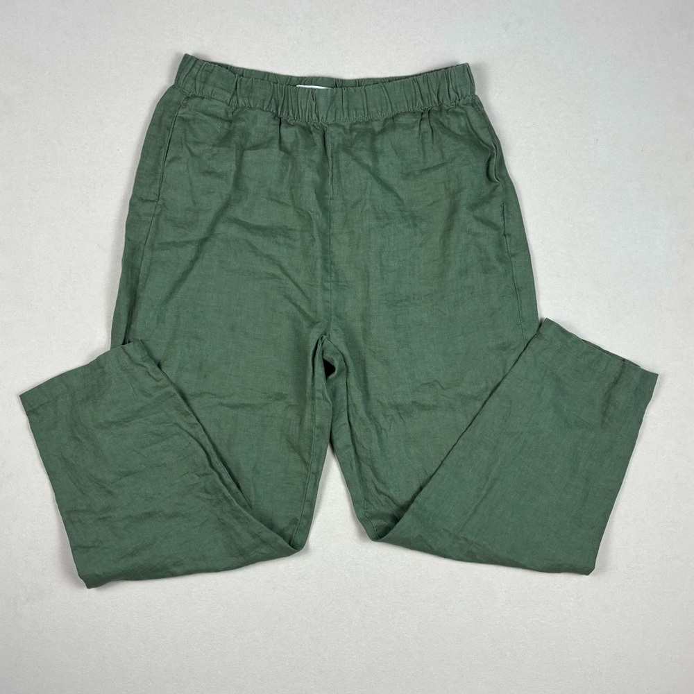 Zara 100% Linen Pants Women’s Size M Green Relaxed Casual Stylish Elastic Waist